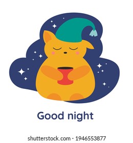 Sleepy fox in nightcap with cup of tea in the paws, sky and stars background. Cute print. Good night card. 