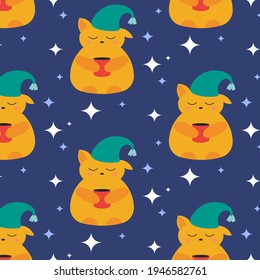 Sleepy fox in nightcap with cup of tea in the paws pattern. Cute Good night print. 