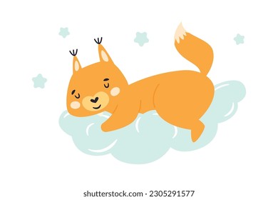 Sleepy Fox On Cloud Vector Illustration