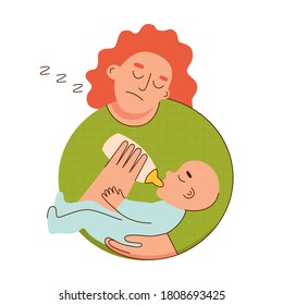 Sleepy frustrated mother feeding baby with bottle flat style vector illustration