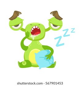 Sleepy Funny Monster Yawning WIth Pillow, Green Alien Emoji Cartoon Character Sticker