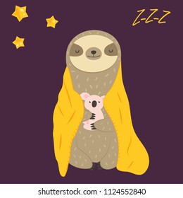 Sleepy Funny Sloth Turning In Blanket In Paws. Cute Animal