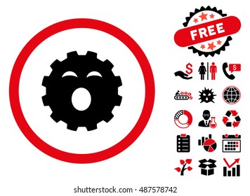 Sleepy Gear pictograph with free bonus elements. Vector illustration style is flat iconic bicolor symbols, intensive red and black colors, white background.