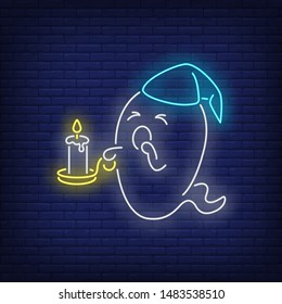 Sleepy ghost holding burning candle and yawning neon sign. Halloween party design. Night bright neon sign, colorful billboard, light banner. Vector illustration in neon style.