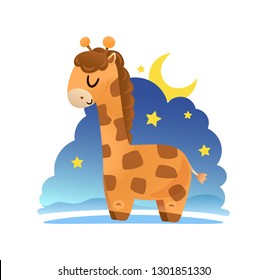 Sleepy giraffe with cloudy background and Moon and stars