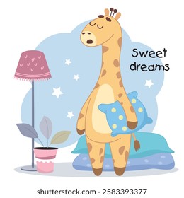 sleepy giraffe, sweet dreams, good night, cozy home, pillows, ficus, lamp, floor lamp, hug pillow, sleep on the go, fall asleep, want to sleep, cute giraffe, giraffe, animal, sticker, evening, stars