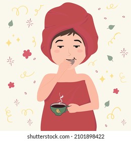 Sleepy girl in bath towel eating cookies. Illustration in cartoon style