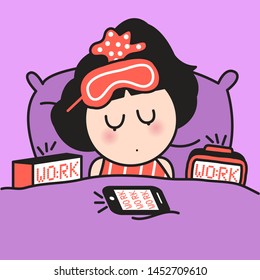 Sleepy Girl In Bed Can Not Wake Up From The Alarm Clocks And Mobile Clock Alarm Concept Card Character illustration