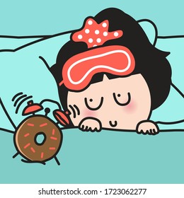 Sleepy Girl In Bed Wake Up From The Donut Alarm Clocks Concept Card Character illustration