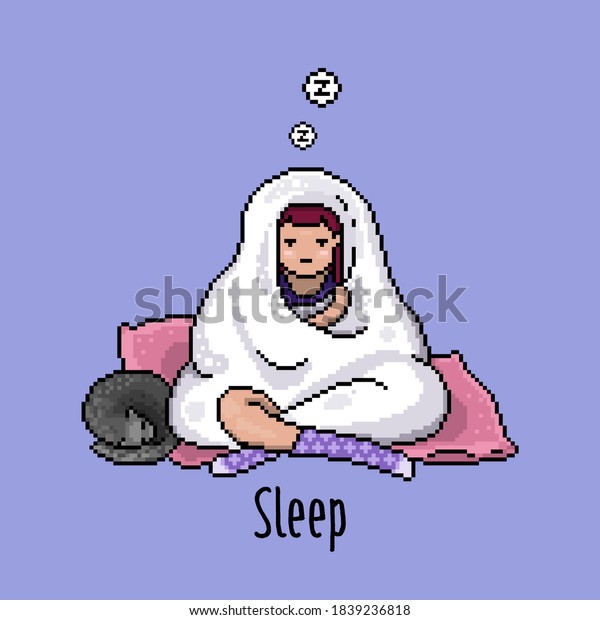 眠い黒猫とピンクの枕を持つ毛布で毛を包んだ バーガンディの髪の眠い女の子 ピクセルアートで描かれたかわいいキャラクターと美しい靴下 物憂げな漫画のベクターイラスト のベクター画像素材 ロイヤリティフリー