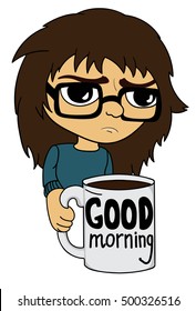 sleepy girl with coffee cup and sign good morning