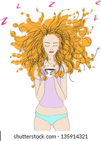 Sleepy girl with cup of tea or coffee in hand.