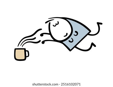 Sleepy girl flies in her sleep to a cup of coffee. Good morning and a hot drink. Vector illustration of the magic of fragrant tea. Funny woman sleeps with her eyes closed.