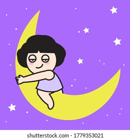Sleepy Girl Hugging A Moon Concept Card Character illustration