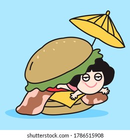 Sleepy Girl Laying Inside A Cheddar-Stuffed Bacon Burger Concept Card Character illustration