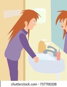 sleepy girl looking in the bathroom mirror - funny vector illustration of difficult  get up