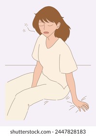 Sleepy girl in pajamas yawning, need more sleep. Young woman sitting on bed, awaking in morning after long deep sleep. Hand drawn flat cartoon character vector illustration.