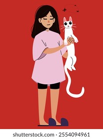 Sleepy girl in pink t-shirt  holding a white cat who fly hunting. Flat vector illustration.