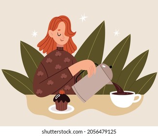 A sleepy girl pours herself a lot of coffee through the French press. Dark autumn morning. Early rise.