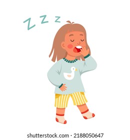 Sleepy Girl Sleepwalking At Night Vector Illustration. Cartoon Isolated Tired Kid Walking With Yawn To Home Bedroom To Sleep, Lazy Kid With Exhausted Cute Face, Closed Eyes And Open Mouth Yawning