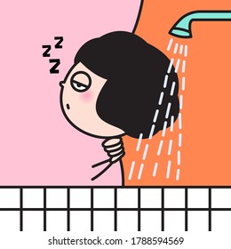 Sleepy Girl Taking A Shower.  Character illustration Card Concept