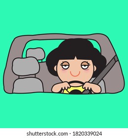 Sleepy Girl With Tired Eyes Driving A Car Concept Card Character illustration