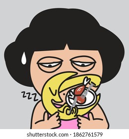 Sleepy Girl With Tired Face Holding The Sleeping Moon In Her Hands While It Is Eating Thanksgiving Turkey Chicken. Eating Late At Night Concept Card Character illustration