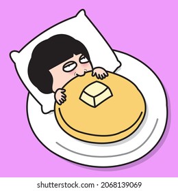 Sleepy Girl In White Plate Under Pancake Blanket Concept Card Character illustration