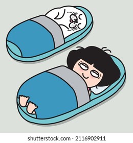 Sleepy Girl And The White Seal is Laying And Sleeping In Comfy Slippers Concept Card Character illustration