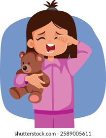 
Sleepy Girl Yawning Holding Teddy Bear Vector Cartoon. Tired child rubbing her eyes feeling exhausted and fussy
