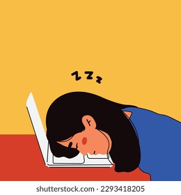 sleepy girl. young women fall asleep at work. burnout. students fell asleep while doing the task. tired illustration.