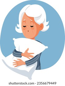 
Sleepy Granny Feeling Tired and Sleep Deprived Vector Cartoon. Tired exhausted senior elderly woman going to sleep at night. 
