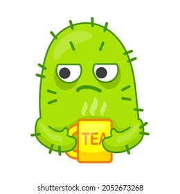 Sleepy green cactus character drinling tea. Tired Mexican plant with spikes having tea time. Cartoon vector sticker. Morning, breakfast concept