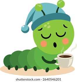 Sleepy Green Caterpillar Enjoys Morning Coffee

