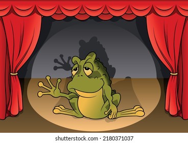 Sleepy Green Frog Waving with his Hand - Colored Cartoon Illustration with Background, Vector