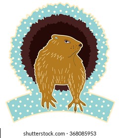 Sleepy Groundhog Marmot comes out of its hole. Vector illustration for Groundhog day 2 february. Vector sketch for greeting card of groundhog day. 