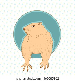 Sleepy Groundhog Marmot comes out of its hole. Vector illustration for Groundhog day 2 february. Vector sketch for greeting card of groundhog day. 