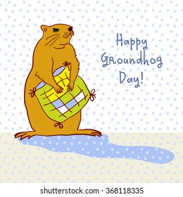 Sleepy Groundhog Marmot hugging a pillow. Vector illustration for Groundhog day 2 february. Vector sketch for greeting card 