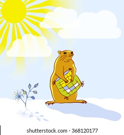 Sleepy Groundhog Marmot hugging a pillow and basking in the sun. Vector illustration for Groundhog day 2 february. Vector sketch for greeting card of groundhog day. 
