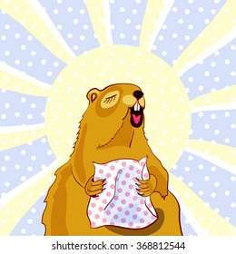 Sleepy Groundhog yawns and hugs a pillow. Vector illustration for Groundhog day February 2. Sun and snowflakes on background. Vector for groundhog day card. 