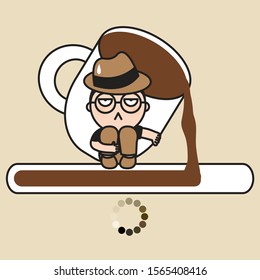 Sleepy And Grumpy Boy With A Cup Of Coffee Is Waiting For Mood Loading Concept Card Character illustration