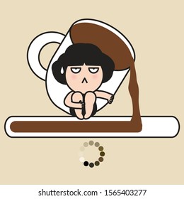 Sleepy And Grumpy Girl With A Cup Of Coffee Is Waiting For Mood Loading Concept Card Character illustration