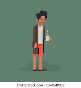 Sleepy grumpy man in underwear, slippers and bathrobe standing with cup of hot black coffee isolated. Funny vector concept illustration on Monday mornings