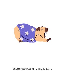 Sleepy guinea pig is tired, has a rest under blanket. Domestic cavy yawns and stretches. Cute rodent, pet sleeps, naps side view. Hand drawn flat isolated vector illustration on white background