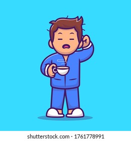 Sleepy Guy Holding Coffee Cartoon Vector Icon Illustration. People Icon Concept Isolated Premium Vector. Flat Cartoon Style