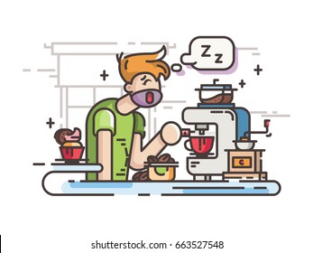 Sleepy guy making coffee