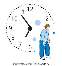 
Sleepy guy stands near the clock. 7 a.m. Vector illustration in doodle style. Good morning