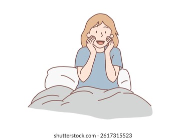 Sleepy happy young woman or girl in good mood getting out of bed or preparing to sleep at home sweet smiling woman enjoying the sunlight early. Hand drawn style vector design illustrations.