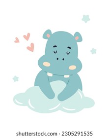 Sleepy Hippo On Cloud Vector Illustration