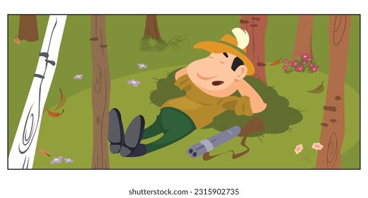 Cazador solitario. Mapas de hombre en el bosque bajo el árbol. Gente divertida. Plantilla de concepto de ilustración para sitio web, página de inicio web, banner, presentación, social, afiche, promoción o medios impresos.